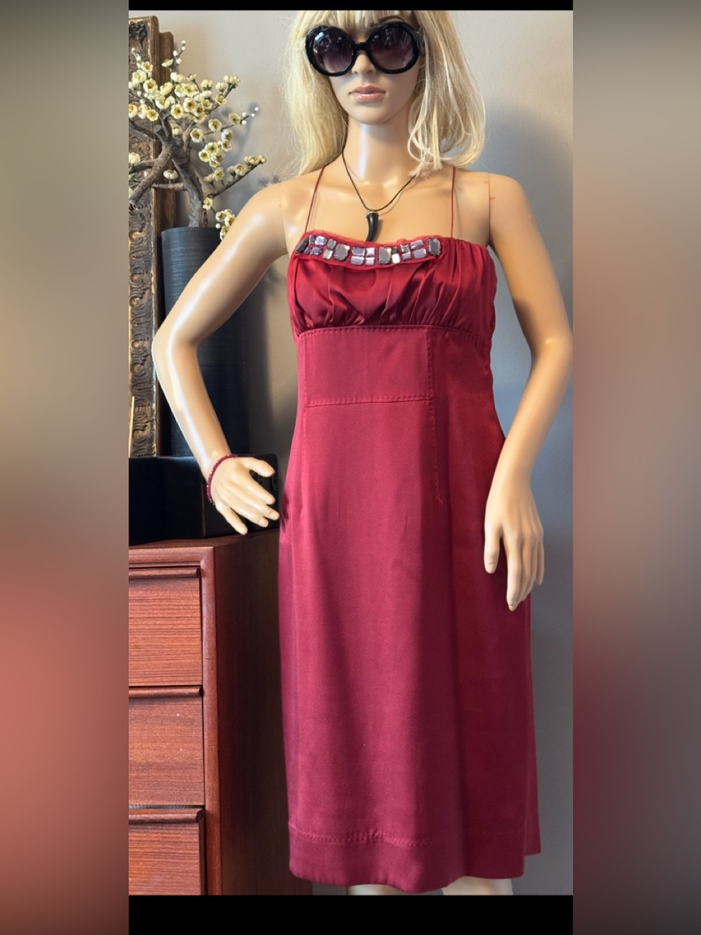 Boss Raspberry Silk Spaghetti Strap Cocktail Dress - Picture 12 of 12